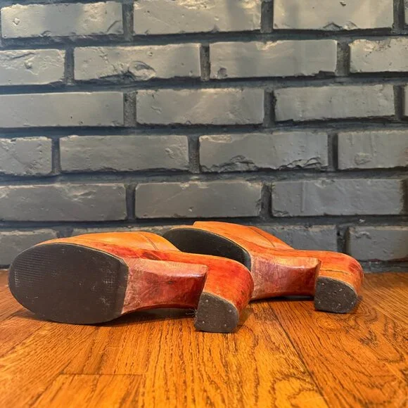Vintage 1970s Cognac Leather Peep Toe Clogs Slides Mules Wood Platforms Size 7.5 - Picture 6 of 7